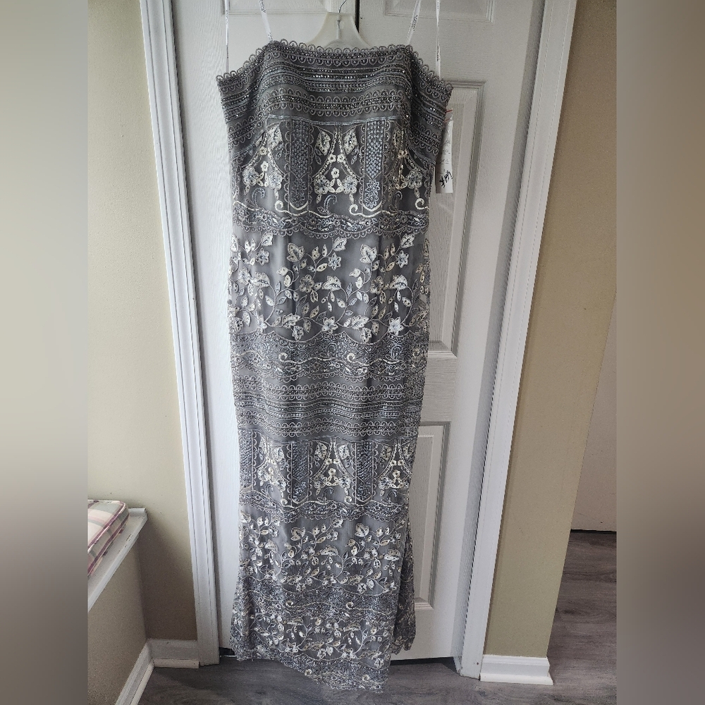 Montage by Mon Cheri Elegant Gray Lace Strapless Formal Evening Dress